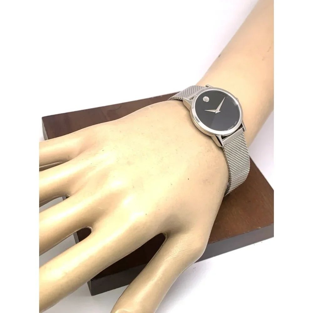Movado Women's Watch 0607220 Black Dial Swiss Quartz 28mm Silver Mesh Band